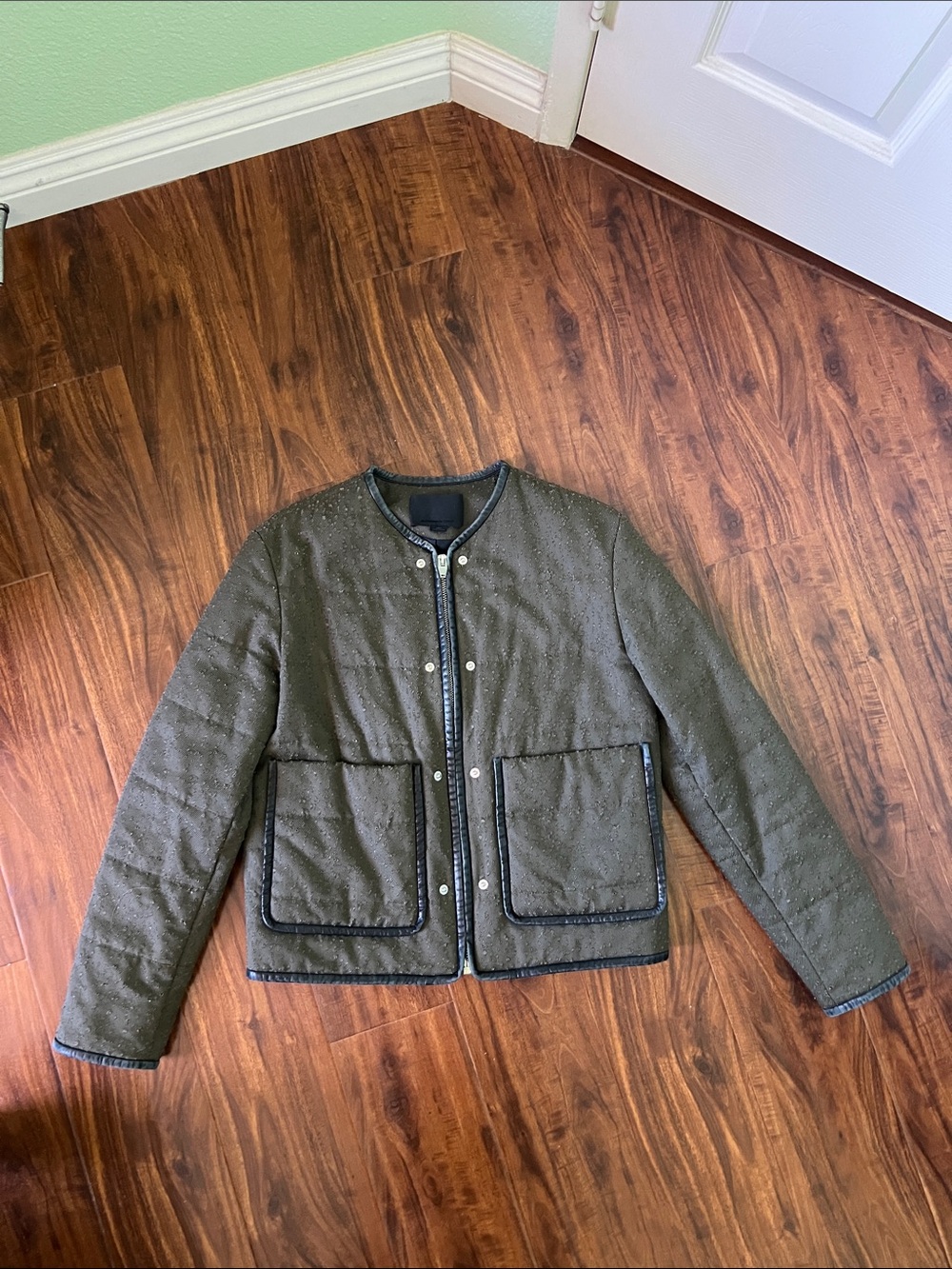 Alexander Wang Quilted Olive Green Utility/Bomber Jacket with Black Leather Trim
